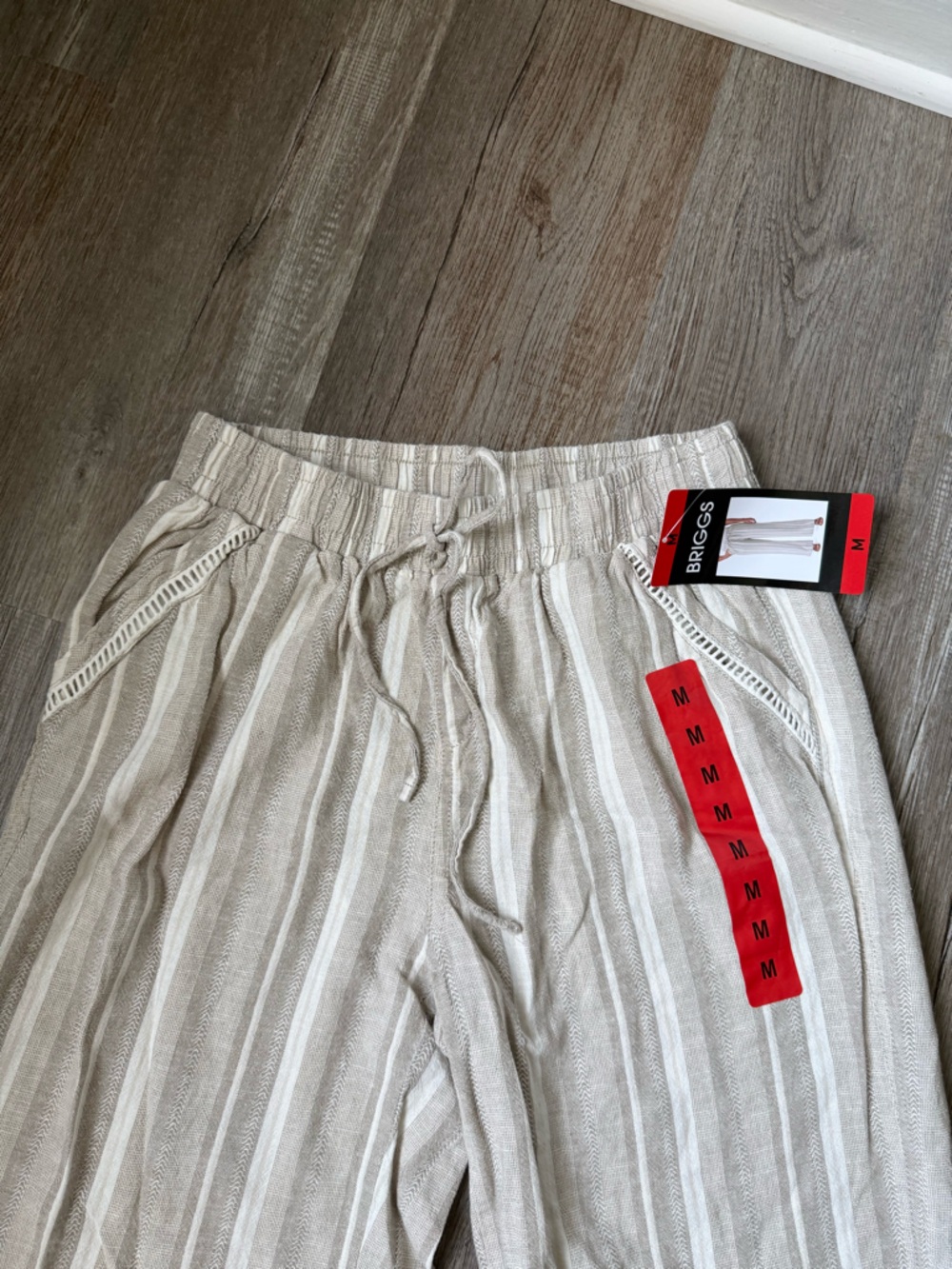 Briggs Striped Linen Blend Drawstring Pants Wide Leg Hippie Beige White Size M - Picture 3 of 8